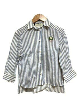 Gucci Michele Era Logo Embroidery Striped Pattern Linen Cotton Shirt Blouse 38